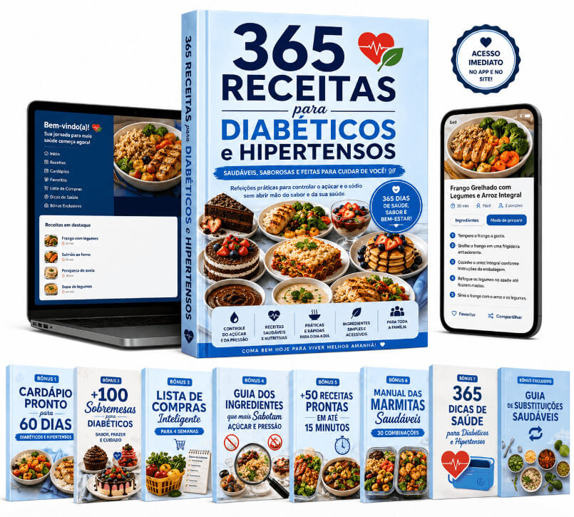 Capa do e-book +365 Receitas para Diabéticos e Hipertensos com bônus, mostrando livro físico, app no celular e capas dos materiais extras